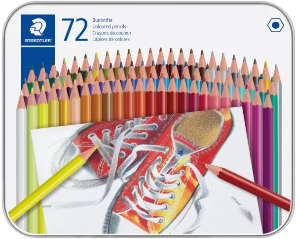 Färgpennor, sexkantiga i metallåda, 72 olika färger